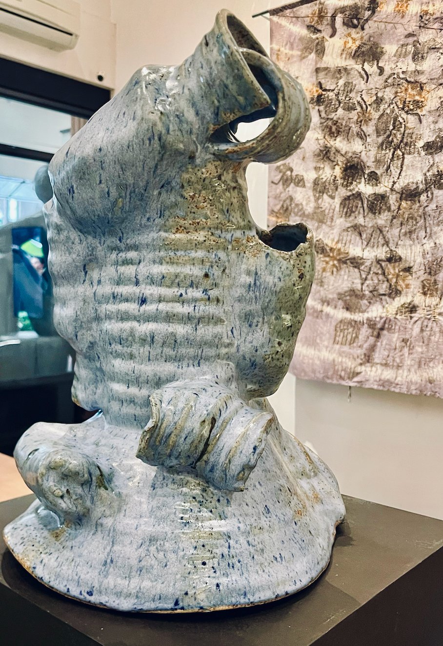 Jose Solon Perfecto’s ‘Self-Portrait No. 01’, deconstructed wheel-thrown pottery, rice husk fire clay and blue speckle satin ash glaze.